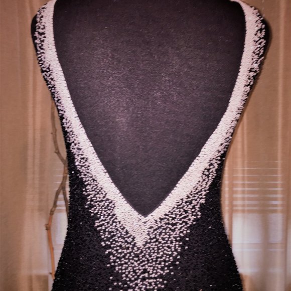 Jovani Black & White Beaded V back Mermaid Dress - Picture 8 of 11